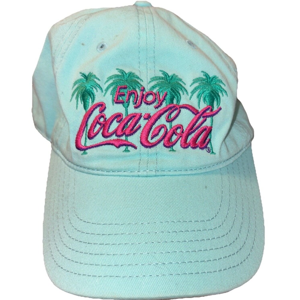 Enjoy Coca Cola Baseball Cap Light Blue Pink Palm Trees Unisex OS Hat Adjustable